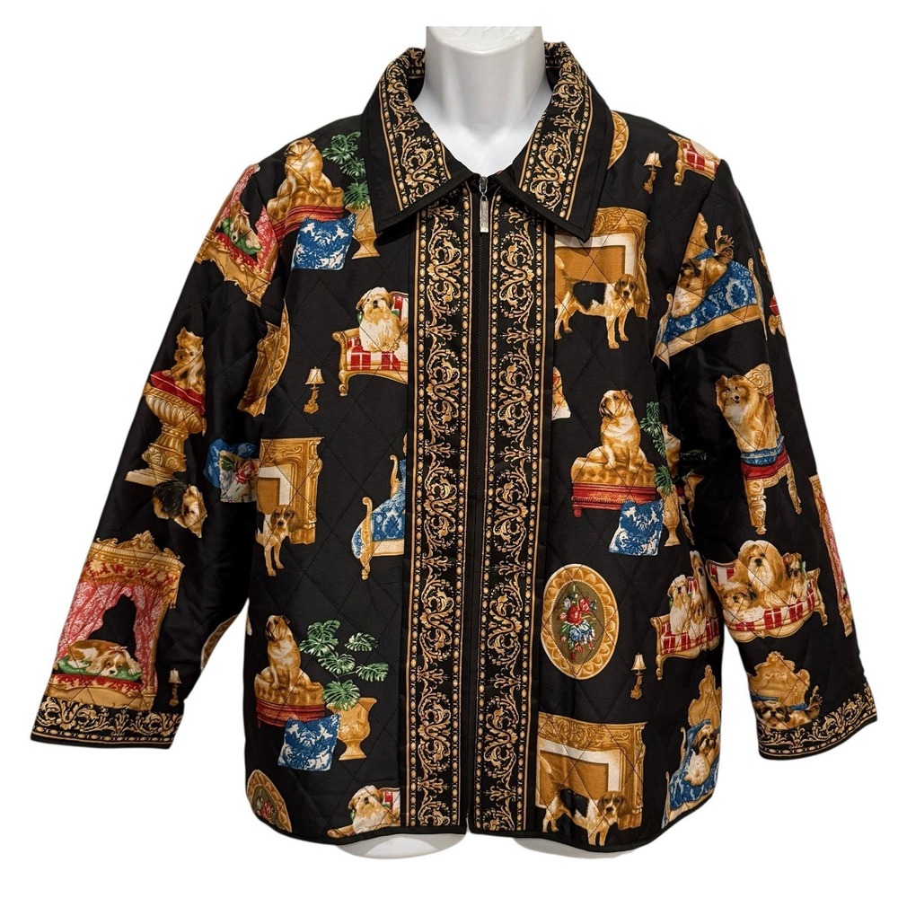 Victor Costa Occasion L Black Fancy Dogs Quilted Jacket 100%‎ Silk Full Zip